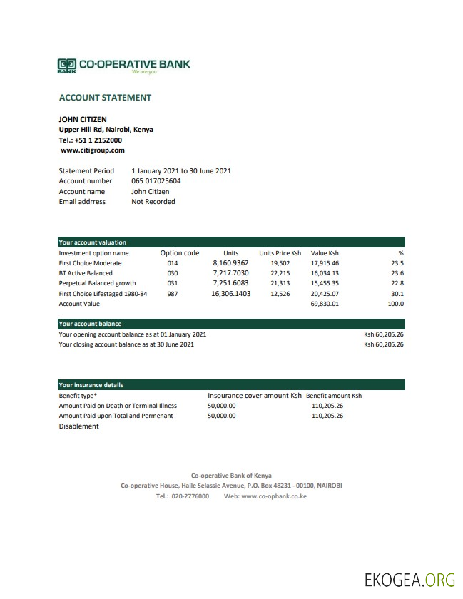 Modèle de relevé bancaire de la Kenya Co operative Bank of Kenya facile à remplir au format Excel et PDF